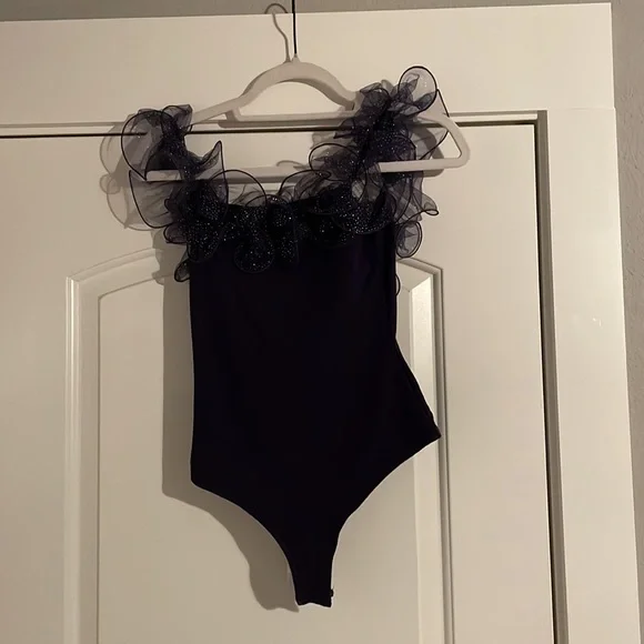 Free People Glitter Ruffle Navy Blue Top - Picture 3 of 5